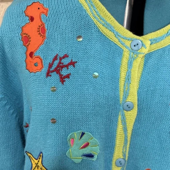 Quacker Factory Women's 3X  Blue Green Mermaids Embroidered Cardigan Sweater GUC - Picture 7 of 7